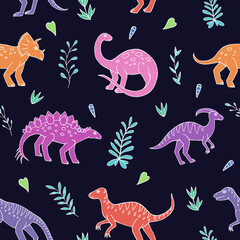 Seamless vector pattern with sketch of dinosaurs and abstract floral. Decoration print for wrapping, wallpaper, fabric. Seamless vector texture. 