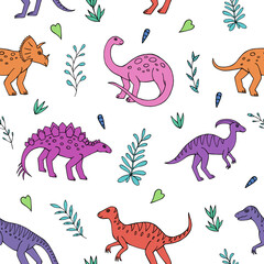 Seamless vector pattern with sketch of dinosaurs and abstract floral. Decoration print for wrapping, wallpaper, fabric. Seamless vector texture. 