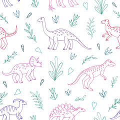 Seamless vector pattern with sketch of dinosaurs and abstract floral. Decoration print for wrapping, wallpaper, fabric. Seamless vector texture. 