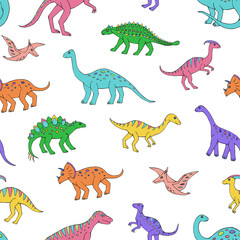 Naadloze vector patroon met schets van dinosaurussen. Decoratie print voor verpakking, behang, stof. Naadloze vectortextuur.