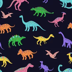 Deurstickers Dinosaurussen Naadloze vector patroon met schets van dinosaurussen. Decoratie print voor verpakking, behang, stof. Naadloze vectortextuur.