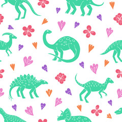 Seamless vector pattern with sketch of dinosaurs and abstract floral. Decoration print for wrapping, wallpaper, fabric. Seamless vector texture.