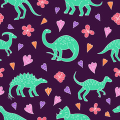 Seamless vector pattern with sketch of dinosaurs and abstract floral. Decoration print for wrapping, wallpaper, fabric. Seamless vector texture.