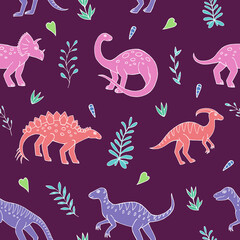 Fototapeta premium Seamless vector pattern with sketch of dinosaurs and abstract floral. Decoration print for wrapping, wallpaper, fabric. Seamless vector texture.