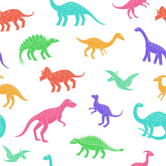 Naadloze vector patroon met schets van dinosaurussen. Decoratie print voor verpakking, behang, stof. Naadloze vectortextuur.