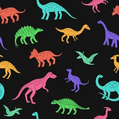 Foto op Plexiglas Dinosaurussen Naadloze vector patroon met schets van dinosaurussen. Decoratie print voor verpakking, behang, stof. Naadloze vectortextuur.