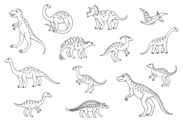 Vector Illustration of dinosaurs. Beautiful drawings with patterns and small details. Cartoon dinosaurs set.