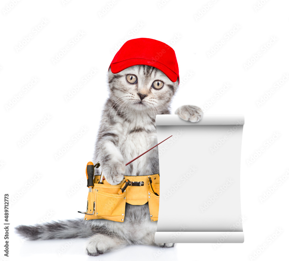 Aufkleber funny cat wearing red cap and toolbelt holds empty list. isolated on white background