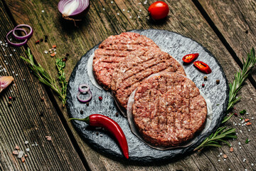 hamburger patties, minced meat for burger, beef lamb meat Burger steak, banner, menu, recipe place for text, top view