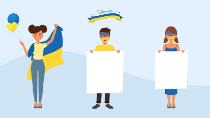 Ukraine supporters with flags and blank banners