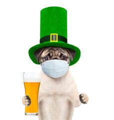 St Patrick's Day during lockdown concept. Funny puppy wearing protective face mask and green...