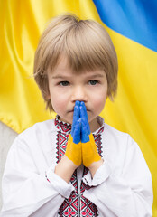 child's hands are painted in colors of Ukrainian flag. boy in national clothes asks for help....