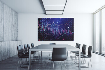 Abstract financial graph on tv display in a modern presentation room, finance and trading concept. 3D Rendering