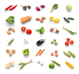 Vegetables of different colors isolated with shadow, top view