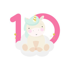 Birthday Party, Greeting Card, Party Invitation. Kids illustration with Cute Magic Unicorn and an inscription ten. Vector illustration in cartoon style.