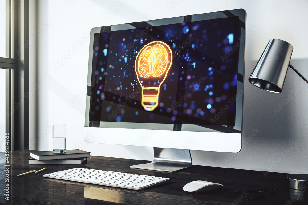 Poster Creative idea concept with light bulb and human brain illustration on modern laptop screen. Neural networks and machine learning concept. 3D Rendering
