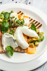 Avocado, bread toast with poached egg on plate. Healthy fats, clean eating for weight loss. Healthy appetizer, breakfast, lunch or snack
