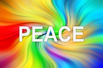Peace background. White Peace word on rainbow colors abstract swirl background.