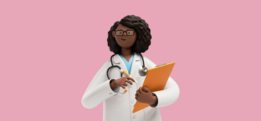 3d rendering. Black woman doctor holds clipboard and pen. Therapist cartoon character, healthcare professional, isolated on pink background. Medical insurance concept