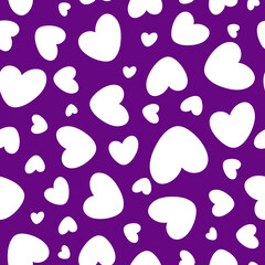 Repeatable seamless pattern with hand drawn doodle heart element. White on purple background, random sized and oriented
