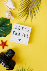 Summer holiday background, travel concept with camera on color background. Flat lay. Copy space.
