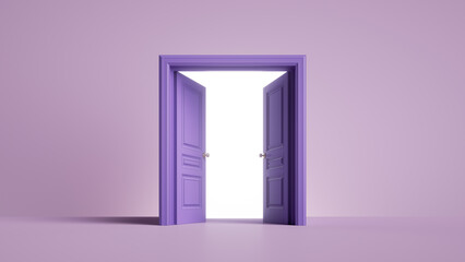 3d render, white light behind the opening doors. Architectural or interior element isolated on lilac background