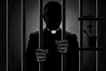 A Catholic priest identified by his clergyman collar is seen in silhouette behind bars with his filthy hands gripping the bars. He is in shadows and his face is in darkness. - obrazy, fototapety, plakaty