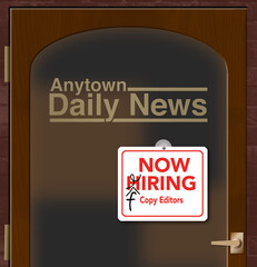 A hiring sign is changed to a firing sign on the door of a newspaper. This a 3-d illustration about the decline of newspapers.