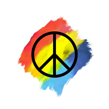 Peace background. Black symbol of peace on rainbow colors brushstrokes isolated on white background.