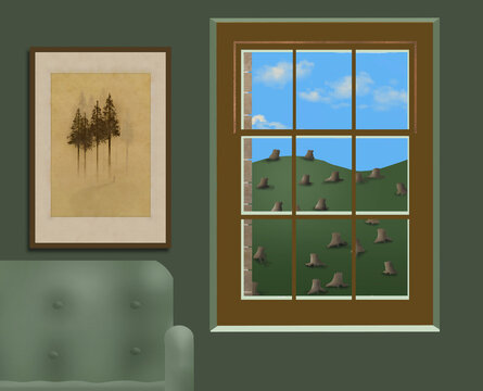 Outside a window are stumps from clear cutting of a forest while on the wall inside is a picture of tall uncut trees that used to be outside the window. This is a 3-d illustration.