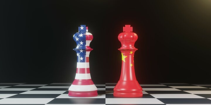 King chess Battle between USA and China on chess board for political conflict and war concept. War between USA and China. 3d render illustration