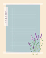 To do list , planner note-taking planner, collage witch lavender watercolor. Lined field for notes, ideas, plans, to-do list, reminders. Vector illustration