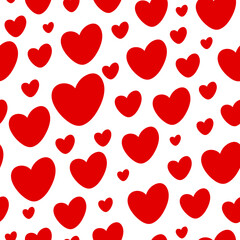Fototapeta na wymiar Endless seamless pattern consisting of hand-drawn randomly scattered hearts of different sizes in classic red color on a white background. 