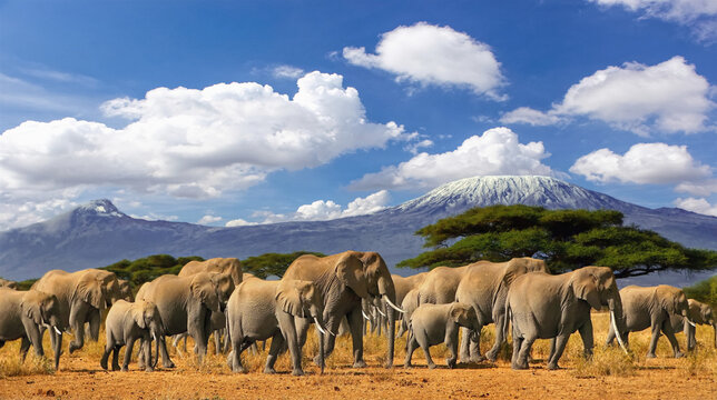 Mt Kilimanjaro Elephant Herd Tanzania Kenya Africa