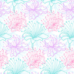 Fototapeta na wymiar Delicate flowers on white background. Seamless pattern is perfect for application on the dresses, leggings, t-shirts, wrapping paper, wedding invitations.