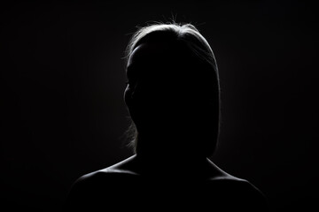 silhouette contour of a beautiful blond girl. Side lit studio portrait on dark background
