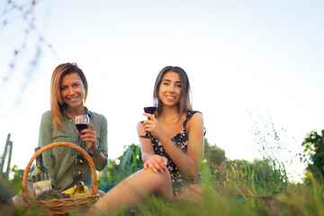 Beautiful girls tasting wine in a field near vineyard field. Celebrating successful harvest season. Couple having a romantic date. Rural tourism concept