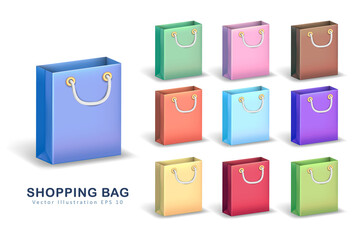 Set of cartoon isometric empty carrier bags with white handles. Colorful three-dimensional shopping bags. Online shopping, marketing, e-business, delivery concept. Vector Illustration EPS 10