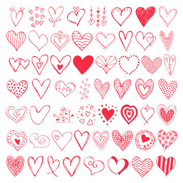 Vector collection of red hearts in doodle style. Hand drawn illustration for Valentine's Day, wedding, love