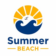 summer beach coast island, sea ocean with birds and summer sun rays logo design  © heri