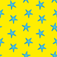 Fototapeta na wymiar Seamless pattern with blue starfish on a yellow background. Vector illustration in a minimalistic flat style, hand drawn. Textile printing, print design, postcards.