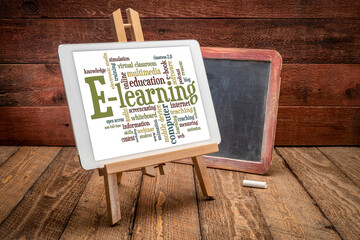 online education concept - e-learning word cloud on a digital tablet replacing a slate blackboard...