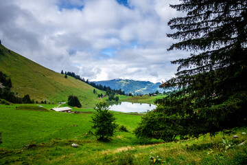 Lake of the Confins and Mountain landscape in La Clusaz, France