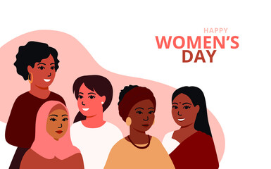 International Happy Women`s day banner, flyer, poster with multicultural diversity women of various races and nationalities. Females of different ethnicity. Vector image in flat style with copy space.