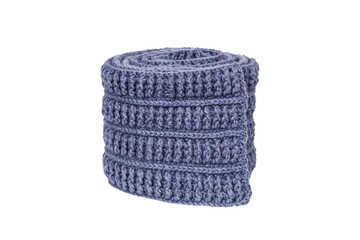 blue knitted wool scarf folded in a roll isolated on white background