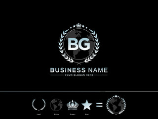 Initial BG letter Logo, bg creative two letters logo with circle Leaf Globe Royal Crown and Star