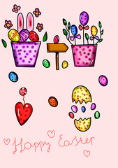 Easter set with eggs, heart, flowers in a flowerpot. Joy and happiness we can see  looking at this picture. It is great for stickers, wallpaper, greeting cards,etc