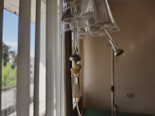 Hospital interior. Hospital ward. A dropper with medicine.