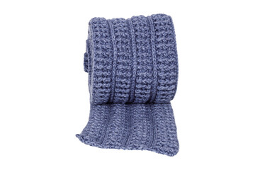 blue knitted wool scarf rolled up isolated on white background