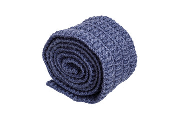 blue knitted wool scarf rolled up isolated on white background